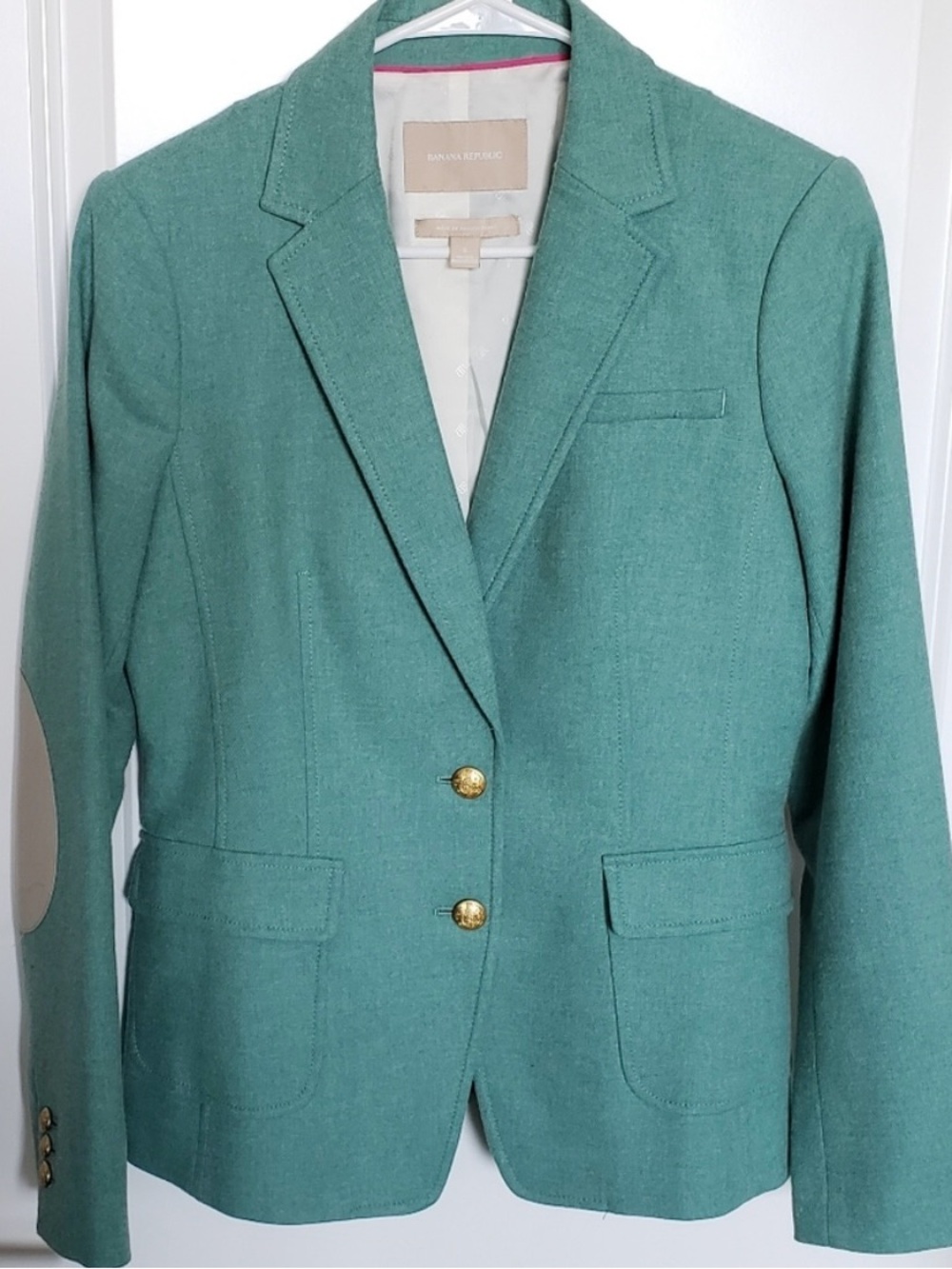 BANANA REPUBLIC Elbow Patch Italian Wool Blazer in Teal Size 8 Tailored Gold